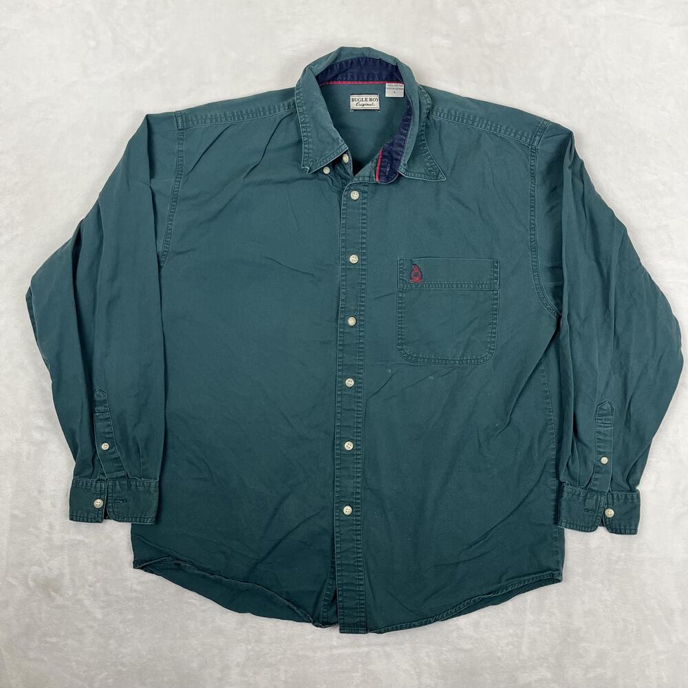 Vintage Bugle Boy Shirt Mens Large Green Solid Twill Long Sleeve Button Front